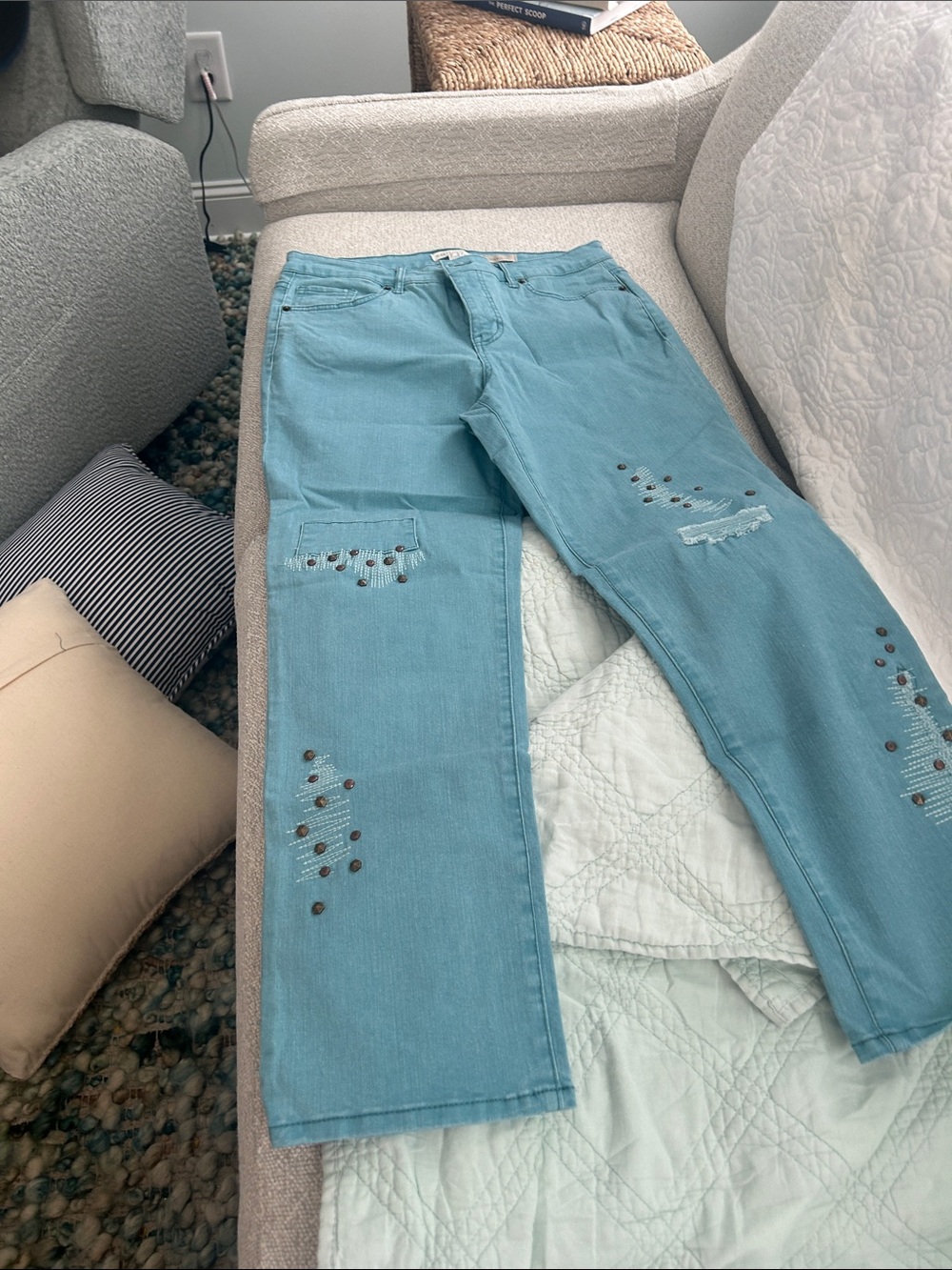 LOGO by Lori Goldstein Teal Straight-Leg Jeans with Stud Accents Aqua color
